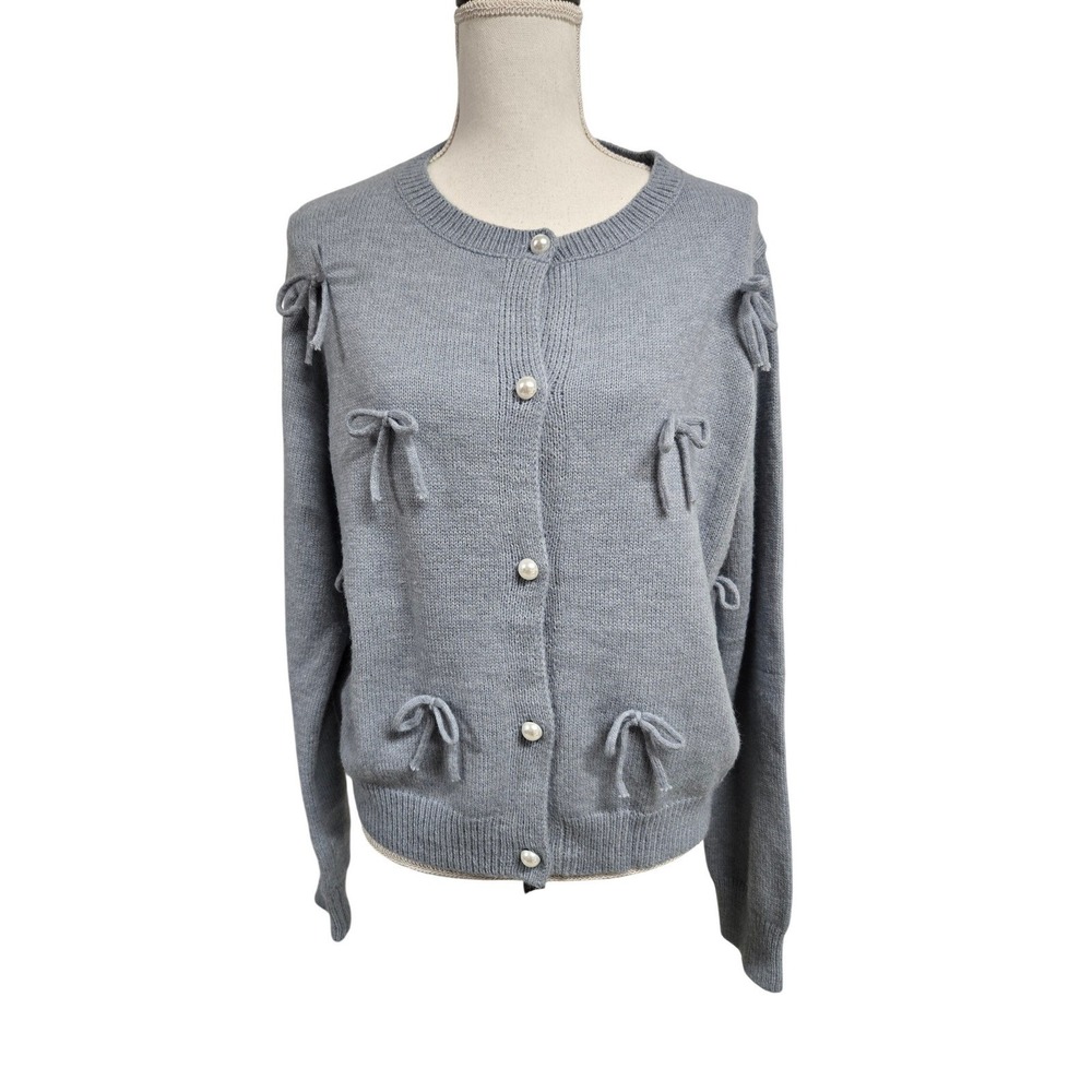 Luna Ivy By Anthropologie Bow Pearl Button Cardigan Sweater Blue Women's Size L